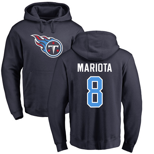 Tennessee Titans Men Navy Blue Marcus Mariota Name and Number Logo NFL Football #8 Pullover Hoodie Sweatshirts